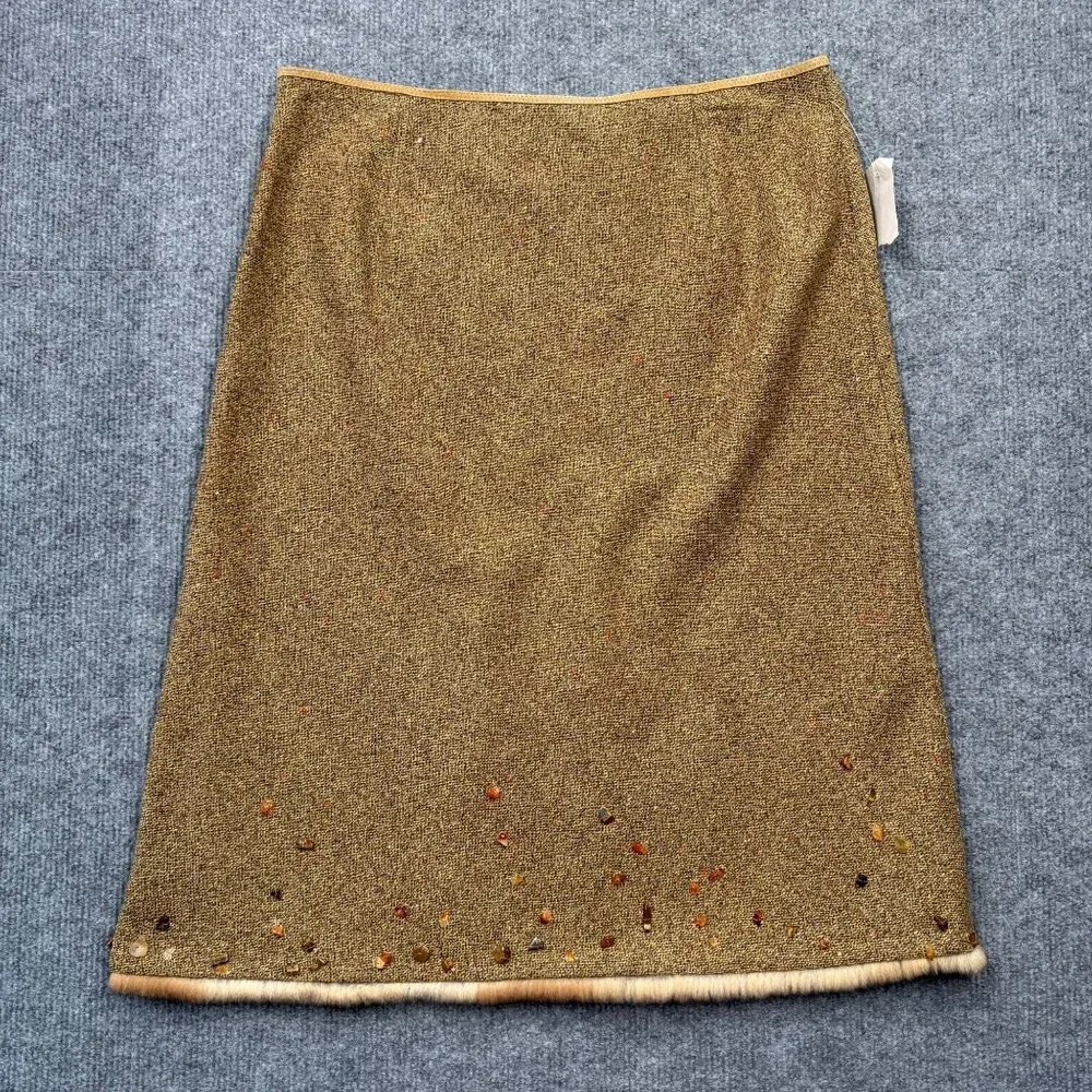 VTG 90s NEW Tahari Tweed Wool Blend Skirt Fur Hem Pepple Accents Camel Boho Chic